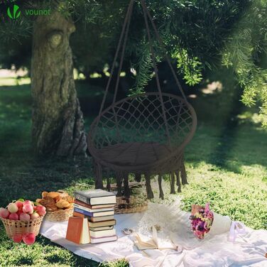 Підвісне крісло-гойдалка VOUNOT з полицею для книг та подушкою, Ø 80 см, чорний колір, для дому та саду