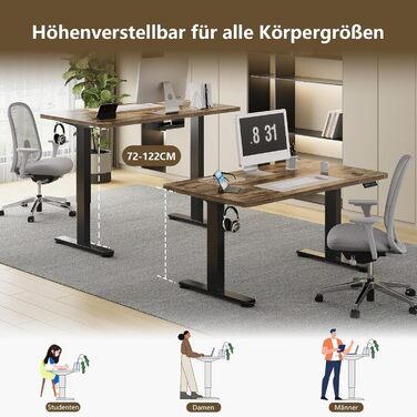 Регульований стіл, 180x80 см, електричний стоячий стіл з двома моторами, сенсорна панель, USB-A, кабелеуправління, стільниця 25 мм, ергономічний офісний стіл, білий (180 x 80 см, коричневий)