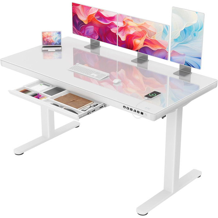 Електричний письмовий стіл Homall зі скляною стільницею, 140x70 см, з регулюванням висоти та шухлядою, білий, для дому та офісу