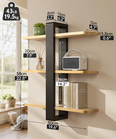 Полиця настінна дерев'яна SUMGAR, плаваюча, 3-ярусна, 50x58 см, чорно-дерев'яна, для вітальні, спальні