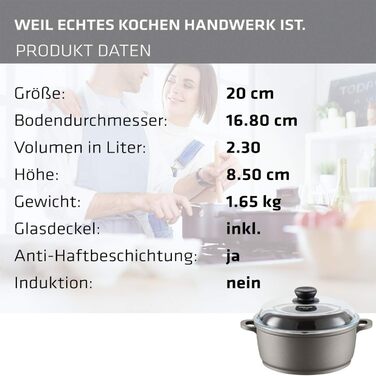 Каструля Berndes Bonanza з кришкою з термостійкого скла, силіконовими ручками, 20 см, алюмінієвий лит, антипригарне покриття, 2.3 л, чорна, Classics