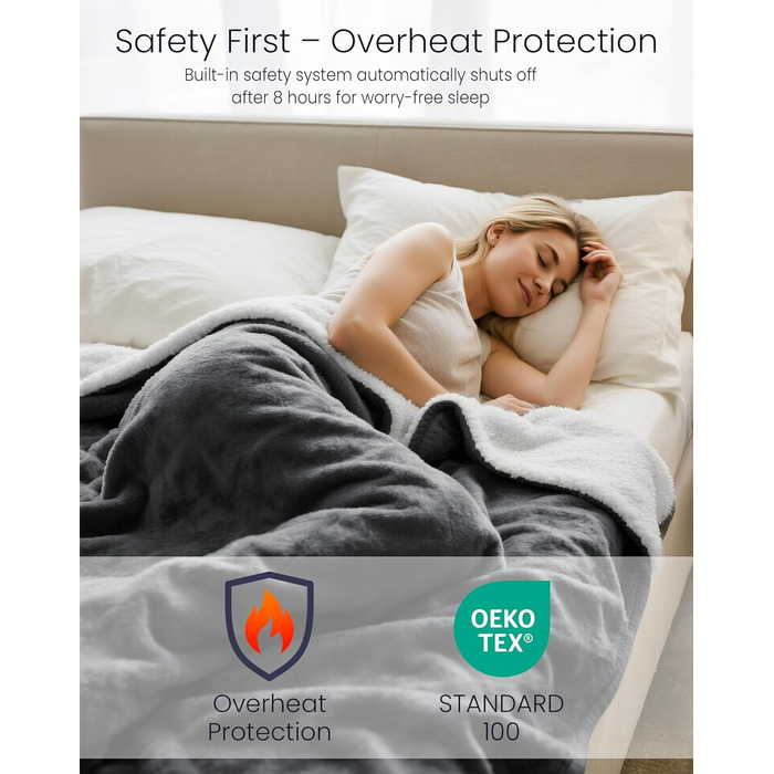 Електрична ковдра AnySun 200x180 см з автовимкненням, 6 рівнів нагріву, таймер 10 годин, захист від перегріву, сіра, для ліжка, дивану, машинне прання