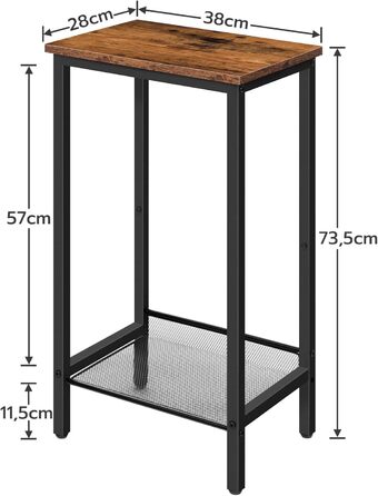 Журнальний столик, регульована сітчаста полиця, вузька, 38x28x73.5 см, промисловий дизайн, темний коричневий-чорний