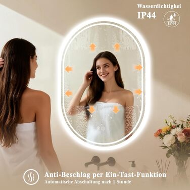 LED дзеркало для ванної кімнати Badspiegel з підсвічуванням, антизапар, сенсорне керування, регулювання яскравості, 3 кольори світла, овальне, 50x70 см
