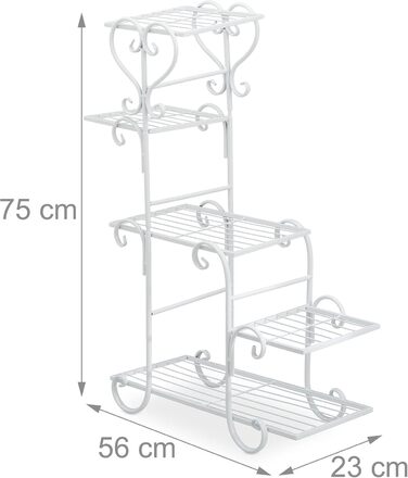 Полиця для квітів Relaxdays металева, вінтажна, 75x56x23 см, Квіткові сходи 5 полиць, залізо (біле)
