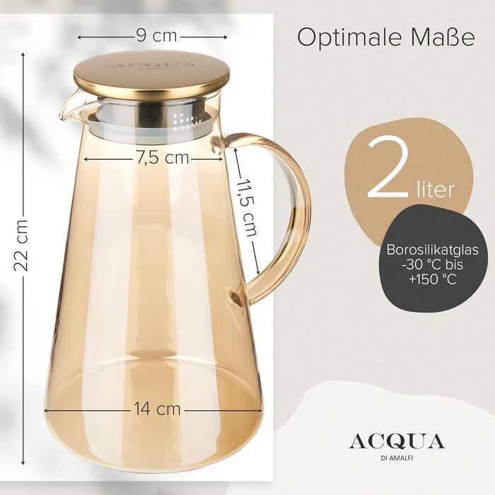 Скляна карафа ACQUA DI AMALFI® 2 літри з нержавіючою сталлю/бамбуком, для води та фруктів, витоки неможливі, також як чайник (Золото/Бамбук)