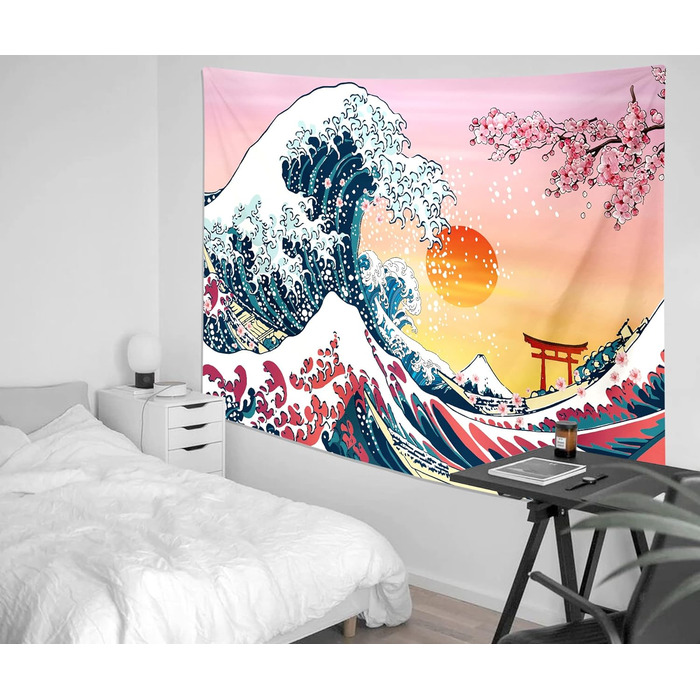 Японський гобелен, The Great Wave Sunset настінний, рожевий, 200x150см