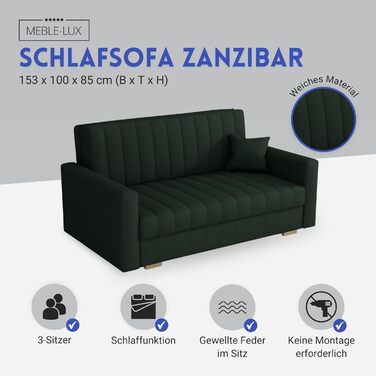 Диван-ліжко Zanzibar I 3-місний 153 см, зелений: диван з функцією сну та ящиком для білизни