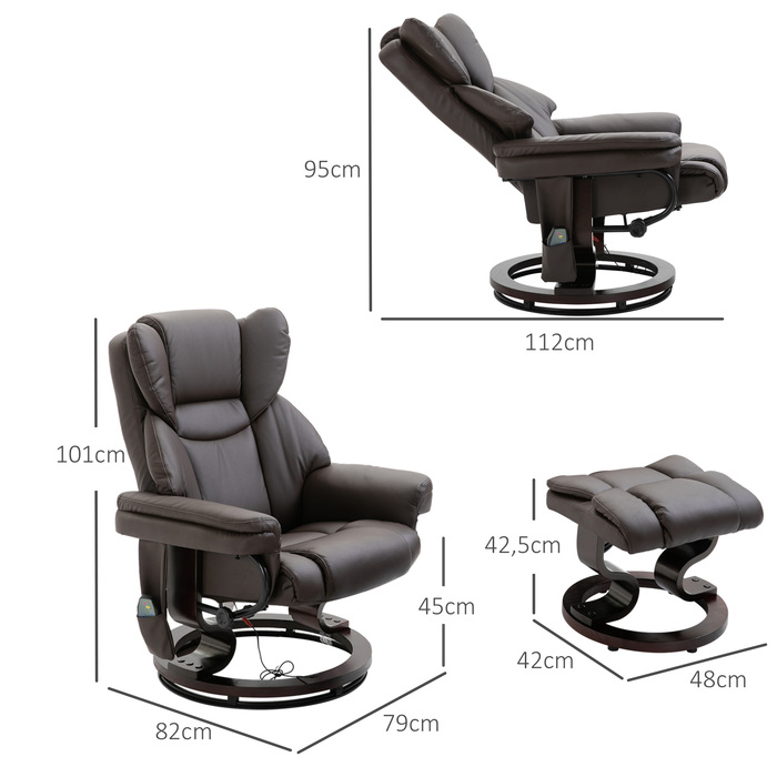 Масажне крісло HOMCOM Recliner з підставкою для ніг і функцією відкидання, імітація шкіри коричневого кольору 79x82x101 см, зручне для релаксації та оздоровлення