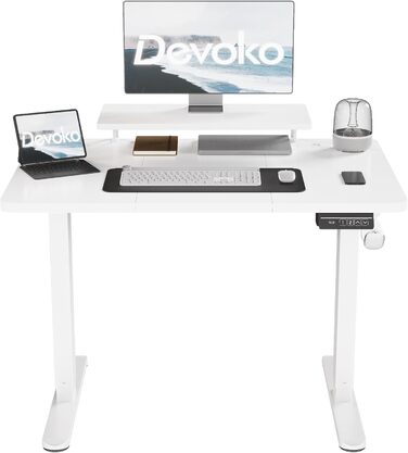 Електричний регульований стіл Devoko 120x60 см з підставкою для монітора, білий | Компактний комп'ютерний стіл з пам'яттю положень