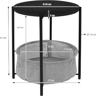 Журнальний стіл ML-Design круглий Ø46 x H51 см, металевий, журнальний столик з тканинним кошиком і знімним підносом, диванний столик з кошиком для зберігання, сучасний дизайн, маленький столик, стіл для вітальні Приліжкова тумбочка (чорний)
