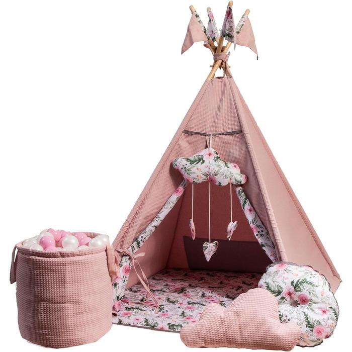 Дитячий намет-тіпі з килимком, подушкою та м'ячами - Тіпі для дитячої кімнати, ігровий будиночок для дівчаток, намет-тіпі для дітей, ігрові прилади для дому - Рожевий сад