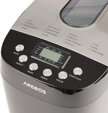 Хлібопечка Arebos 1500г | 15 програм | Таймер | LCD дисплей | 850 Вт | Чорний