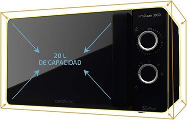 Мікрохвильова піч Cecotec ProClean 3030 20 л, 700 Вт, покриття Ready2Clean, 6 рівнів потужності, таймер 30 хв, розморожування, чорний колір