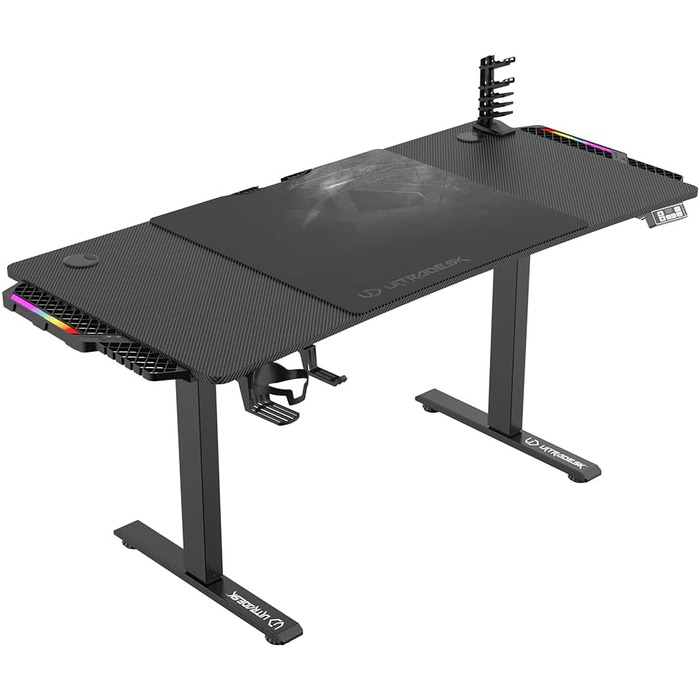 ULTRADESK Стол для роботи з регулюванням висоти V2 - електричний, 140x68 см, для геймінгу, офісу, дому - з XL-килимком для миші (чорний)
