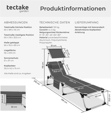 Шезлонг Tectake з дахом, балконний шезлонг з алюмінію, складний садовий шезлонг, стійкий до погодних умов, шезлонг для саду, кемпінгу та пляжу, регульована спинка, подушка для голови, бічна кишеня - сірий меланж (сірий)