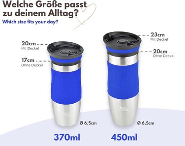 Термокружка Milu 450мл/370мл з нержавіючої сталі, 100% захист від протікання, для кави, подорожей, авто