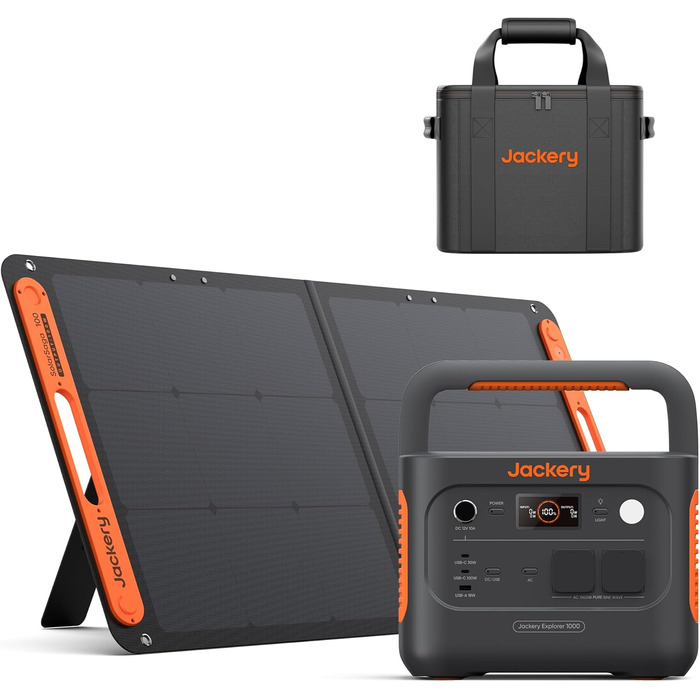 Jackery Explorer 1000: Портативна електростанція з акумулятором 1002Wh, 230V/1000W (2000W пік), USB, QC, для кемпінгу та подорожей (E1000 v2+100W+сумка)