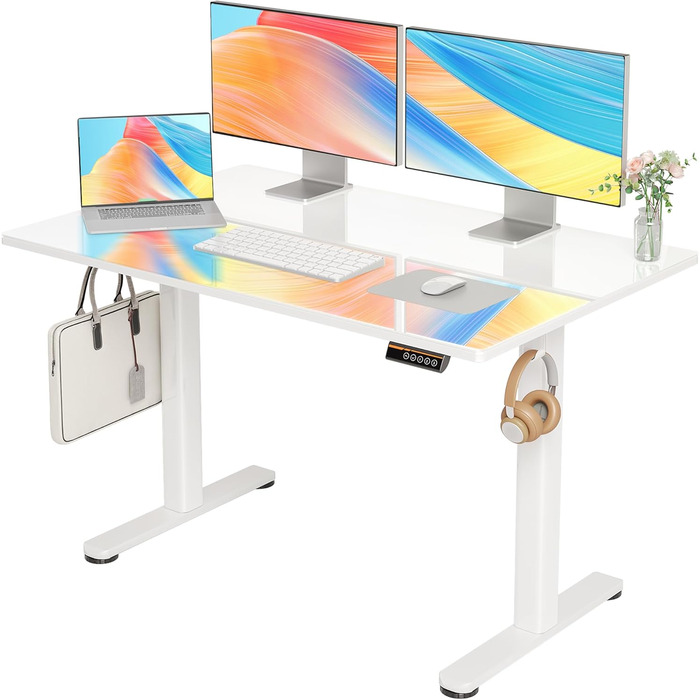 Регульований стіл Claiks з склоповерхнею 120x60 см, електричний, для дому та офісу, комп'ютерний, сучасний, білий