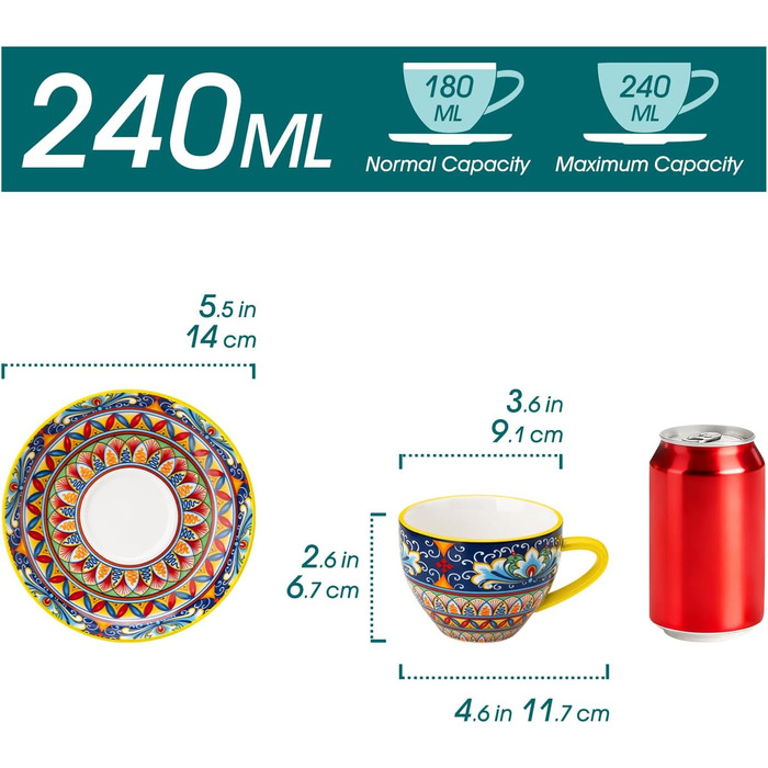 Набір кавових чашок капучіно Vancasso SIMI 6 шт. з блюдцями, 240 мл, порцеляна, для 6 осіб, мікрохвильова піч, богемський стиль