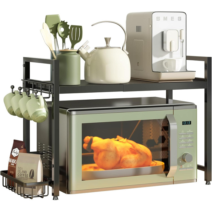 Регульована полиця для мікрохвильової печі NETEL, 3-рівнева, чорна, висувна 40-60 см, з кошиками