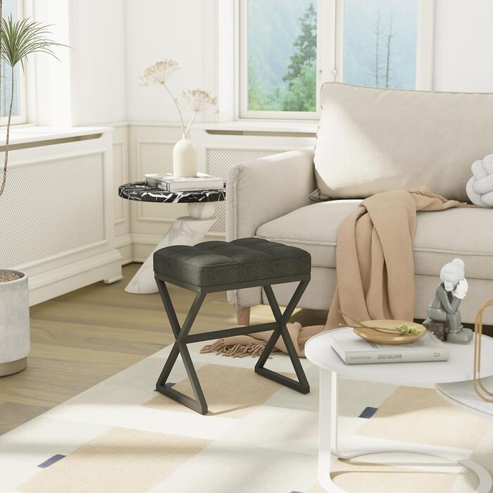 Чорний пуф-табуретка для макіяжу з металевими ніжками X-подібної форми, 40x30x46 см