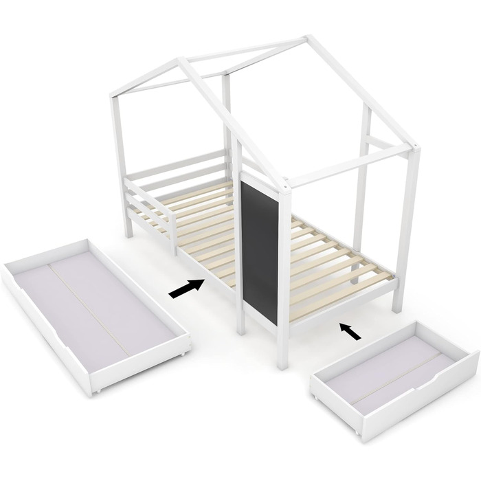 Ліжко дитяче 80x160 см з ящиками та вікном, масивне дерево, захист від падіння, ламелі, для хлопчиків та дівчаток, ліжко-будиночок, без матрацу, білий колір