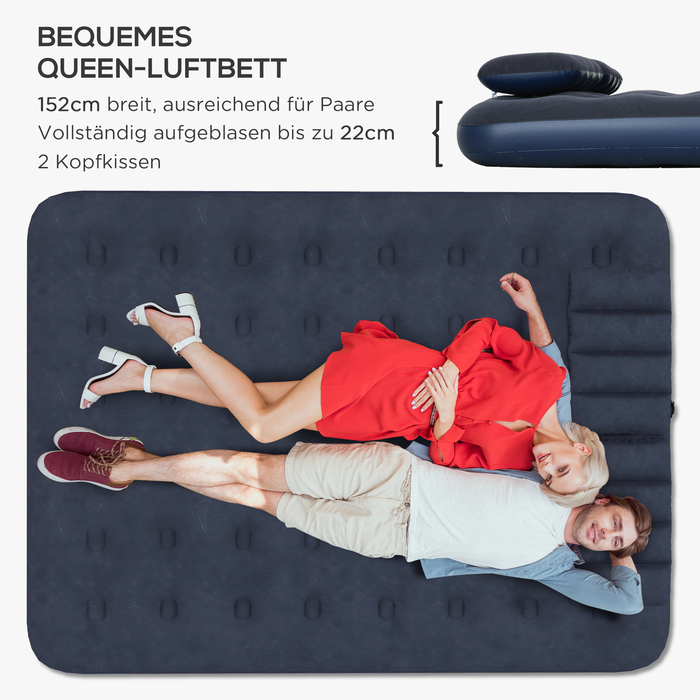Двоспальний надувний матрац Outsunny Air Bed з ручним насосом і подушкою, синій 203x152x22 см для кемпінгу та гостей