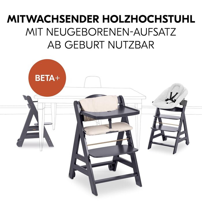 Високий стільчик для годування Hauck Beta+ Newborn Set Premium Dark Grey - комплект для новонароджених, з підставкою для ніг, м'яким сидінням та підносом - сірий колір