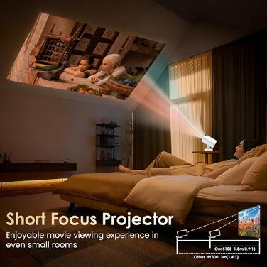 Портативний проєктор Mini Beamer 4K/1080p з Wi-Fi 6, Bluetooth 5.4, Android 13.0. Короткий фокус, поворот 270°, авто-корекція трапецеїдальних спотворень. Підтримка HDMI, TV Stick, Laptop, Memory Stick