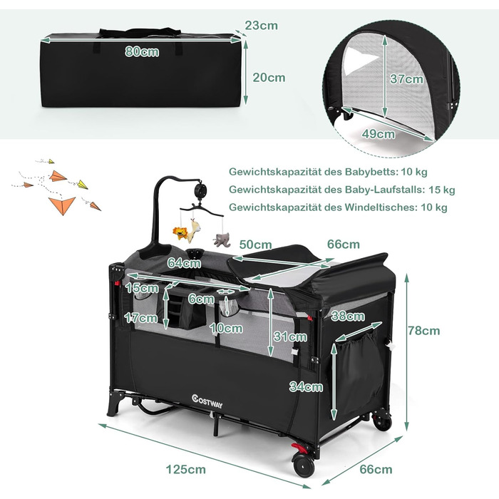 Дитяче ліжко-манеж COSTWAY 120x60 см, 2 рівні, з матрацом, пеленальним столиком, іграшками та музичною шкатулкою, мобільний, регульований, для дітей до 15 кг