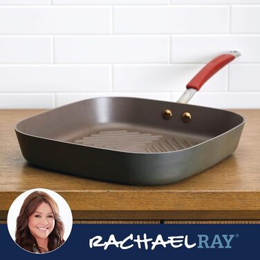 Сковорода-гриль Rachael Ray Cucina, квадратна, 28 см, з антипригарним покриттям, сіра з червоними ручками