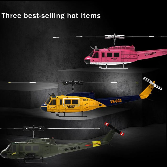 RC Гелікоптер ERA C032 UH-1 Huey, 1/48, 2.4G 6CH, Стабілізатор, Утримання висоти, Зелений