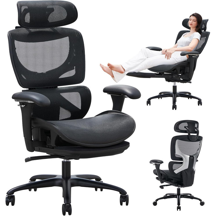 Органічний офісний крісло COLAMY з підніжкою, 3D підлокітниками, підголівником, підтримкою попереку та дихаючою сіткою - для офісу та дому, чорний