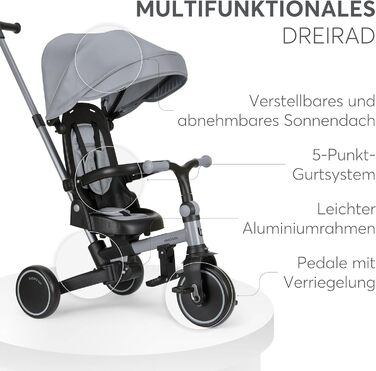 KikkaBoo Триколісний велосипед 8-в-1 з ручкою для батьків Aluma (Сірий) від 1 року. Дитячий велосипед з поворотним сидінням, ремені безпеки, алюмінієва рама