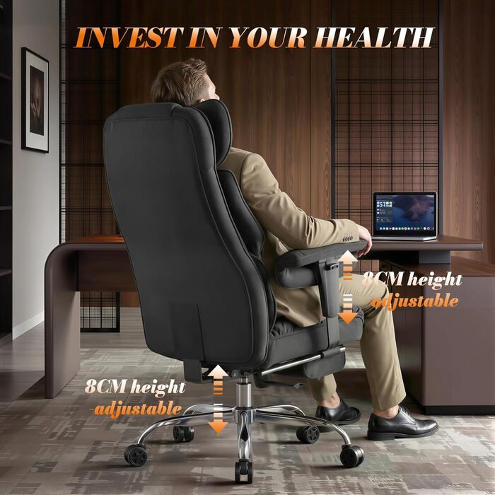 Ергономічний офісний крісло Efomao XXL до 200 кг з підставкою для ніг, чорний. Крісло для дому та офісу з товстою подушкою та високою спинкою.