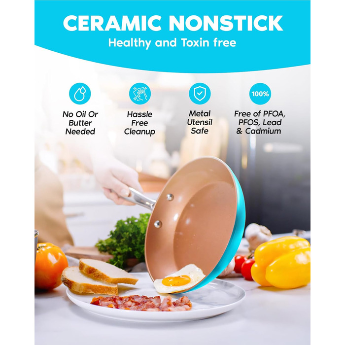 Набір кухонного посуду Gotham Steel з антипригарним покриттям, керамічно-мідним покриттям - сковорідки, каструлі, глибокий квадратний кошик для смаження, блакитний