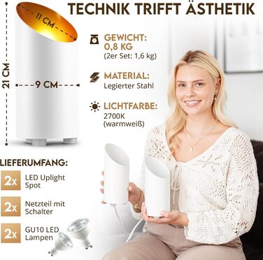 LED прожектор для підлоги (2 шт) білий 6W, напольний світильник для непрямого освітлення вітальні, з лампою GU10 230V, тепле біле світло 2700K