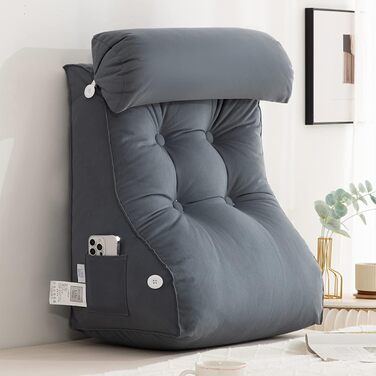 Подушка для читання COYEUX, велика подушка для ліжка з кишенею, спинка для телевізора, клиновидна подушка з підтримкою шиї, для сидіння в ліжку, на дивані або на підлозі (з підголовником) сіро-блакитна, ширина 55 см (з підголовником)