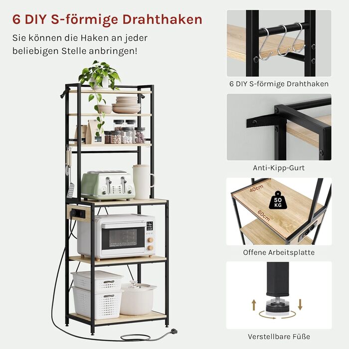 Кухонна полиця WOLTU з 6 ярусами, з розетками, для мікрохвильової печі, з металевим каркасом, регульовані полиці, Чорний+Рустикальне коричневий, 60 x 167 x 40 см (Чорний+світлий дуб, 60 x 39,5 x 167 см)