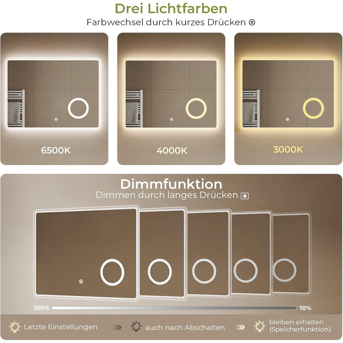 Дзеркало для ванної кімнати S'AFIELINA з підсвічуванням 60x120 см, 3-разове збільшення, сенсорне керування, IP44, енергозбереження