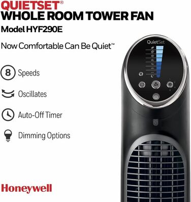 Баштовий вентилятор Honeywell QuietSet Oscillating для всієї кімнати (5 налаштувань швидкості, коливання 80, функція таймера, автоматичне вимкнення освітлення, дистанційне керування) (HYF290, одинарний)