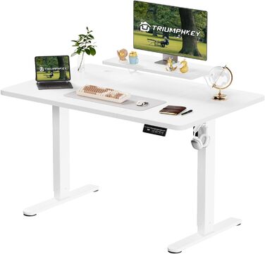 Електричний регульований стіл TRIUMPHKEY 140x60 см з підставкою для монітора, білий. Регульований стіл для стоячи/сидячи, комп'ютерний стіл
