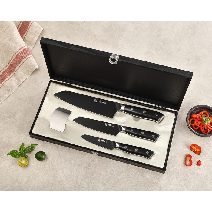 Набір кухонних ножів Wakoli Titanium Noir (5 предметів) з бруском - професійний набір кухонних ножів з титановим покриттям, нержавіюча сталь, чорне покриття, магнітний брусок