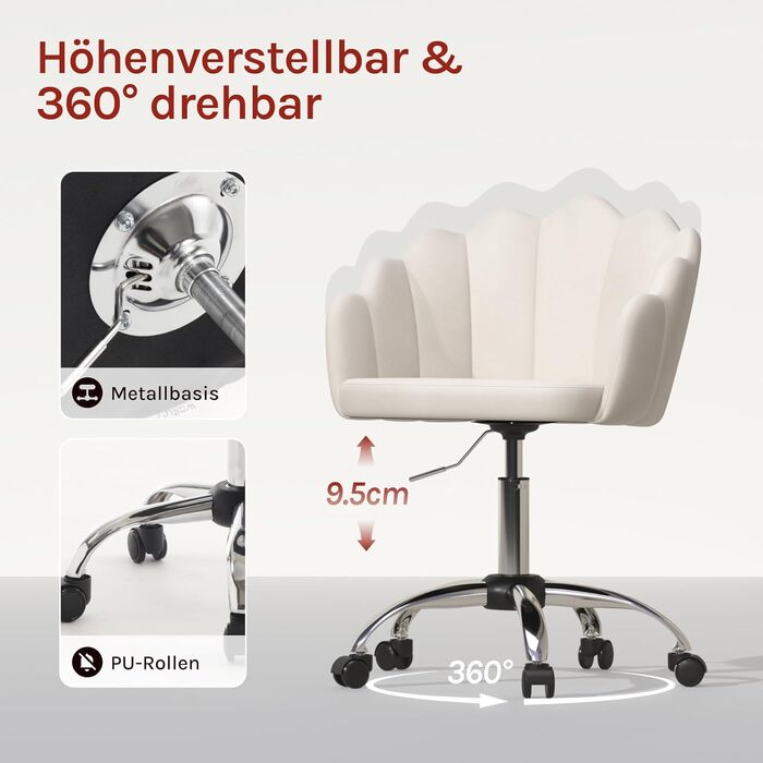 Крісло WOLTU для офісу та дому, крісло до туалетного столика з м'якою спинкою у вигляді пелюсток, поворотне з роликами, регульоване по висоті, для робочого кабінету, спальні, оксамит, бежевий