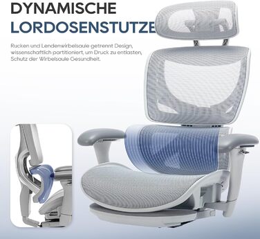 Органічний офісний крісло Colamy з підніжкою, 3D-підлокітниками, підголовником, підтримкою попереку та дихаючою сіткою – крісло для офісу та дому (Сірий)