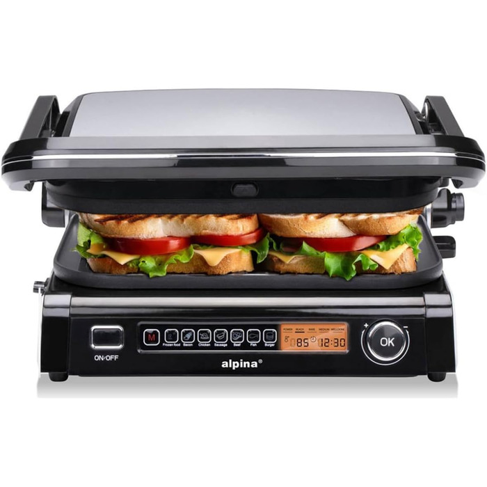 Контактний гриль Alpina Optigrill 2100W: гриль для сендвічів, паніні та овочів з антипригарним покриттям та інтелектуальним режимом приготування