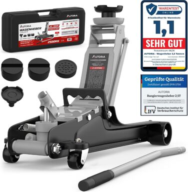 Гідравлічний домкрат Wagenheber 2.5T низькопрофільний для легкових авто та авто з низькою посадкою, до 2500 кг, з кейсом, 3 гумові накладки + адаптер (світло-сірий)