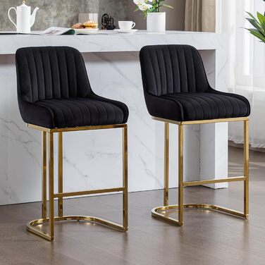 Набір з 2 барних стільців з велюру з золотистими металевими ніжками, м'яке сидіння, зі спинкою, без підлокітників для кухонної зони/домашнього бару (Чорний)