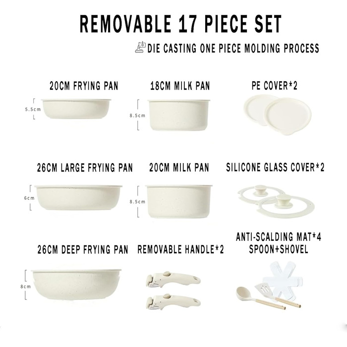 17-ти частинний набір каструль з знімним ручками: Набір посуду Induktion з антипригарним покриттям для всіх типів плит, придатний для миття в посудомийній машині (молочний білий)